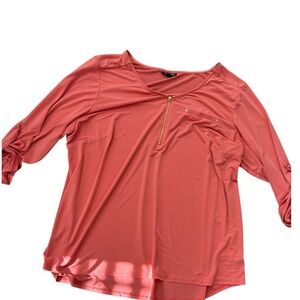 Roz & Ali Coral Pink Gold Quarter Zip Roll Tab Sleeve Blouse Plus Size 2X
